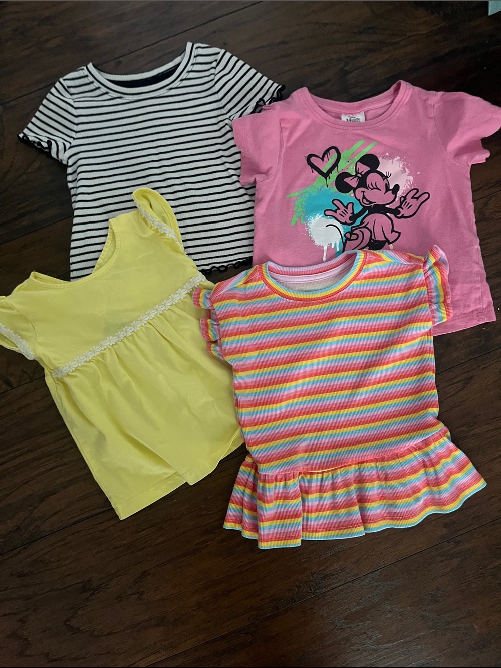 Girls 4-Pack Summer Tees - Pink Minnie, Striped, Yellow & Rainbow Peplum